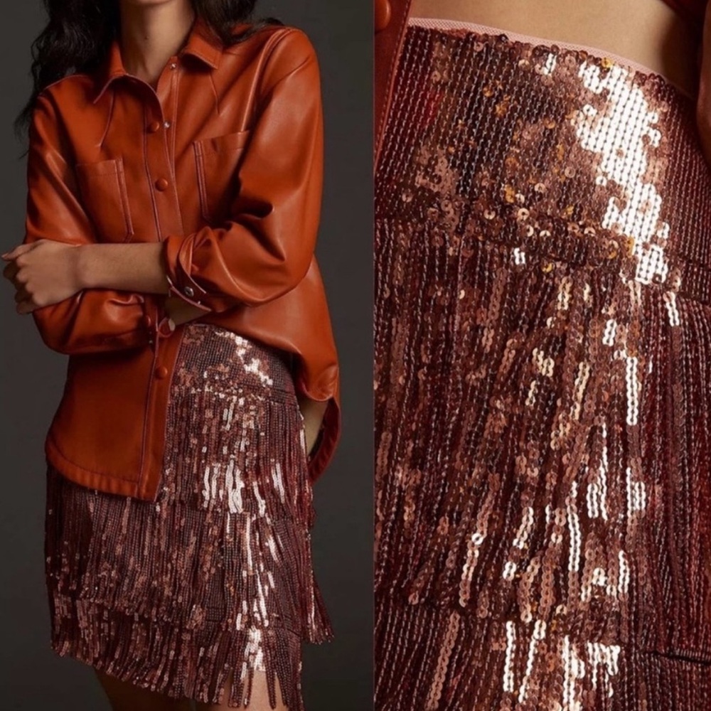 ANTHROPOLOGIE Maeve sequined rose gold party skirt with tiered fringe - size 2